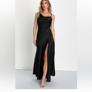 Lulus- impressive energy black satin asymmetrical black satin dress - size M